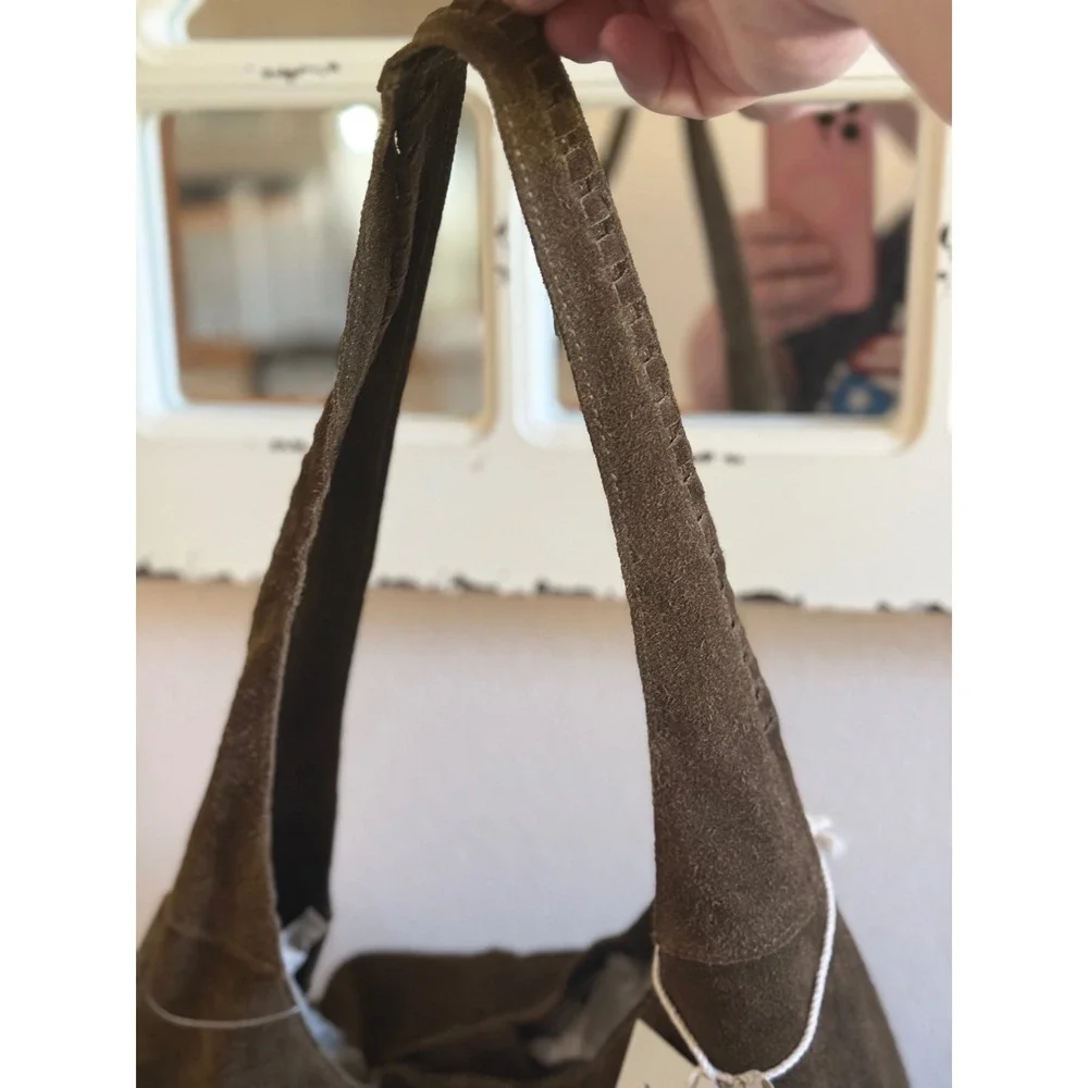 Haute Hippie Style Brown Suede Hobo Bag Whipstitch Boho Shoulder Bag NEW